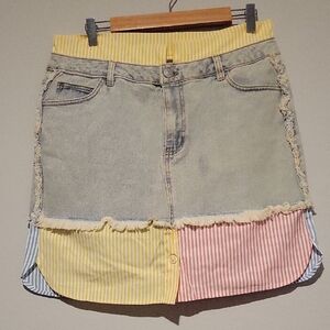 Women's Patchwork Mini Skirt in Light Denim with Yellow & Pink Stripes